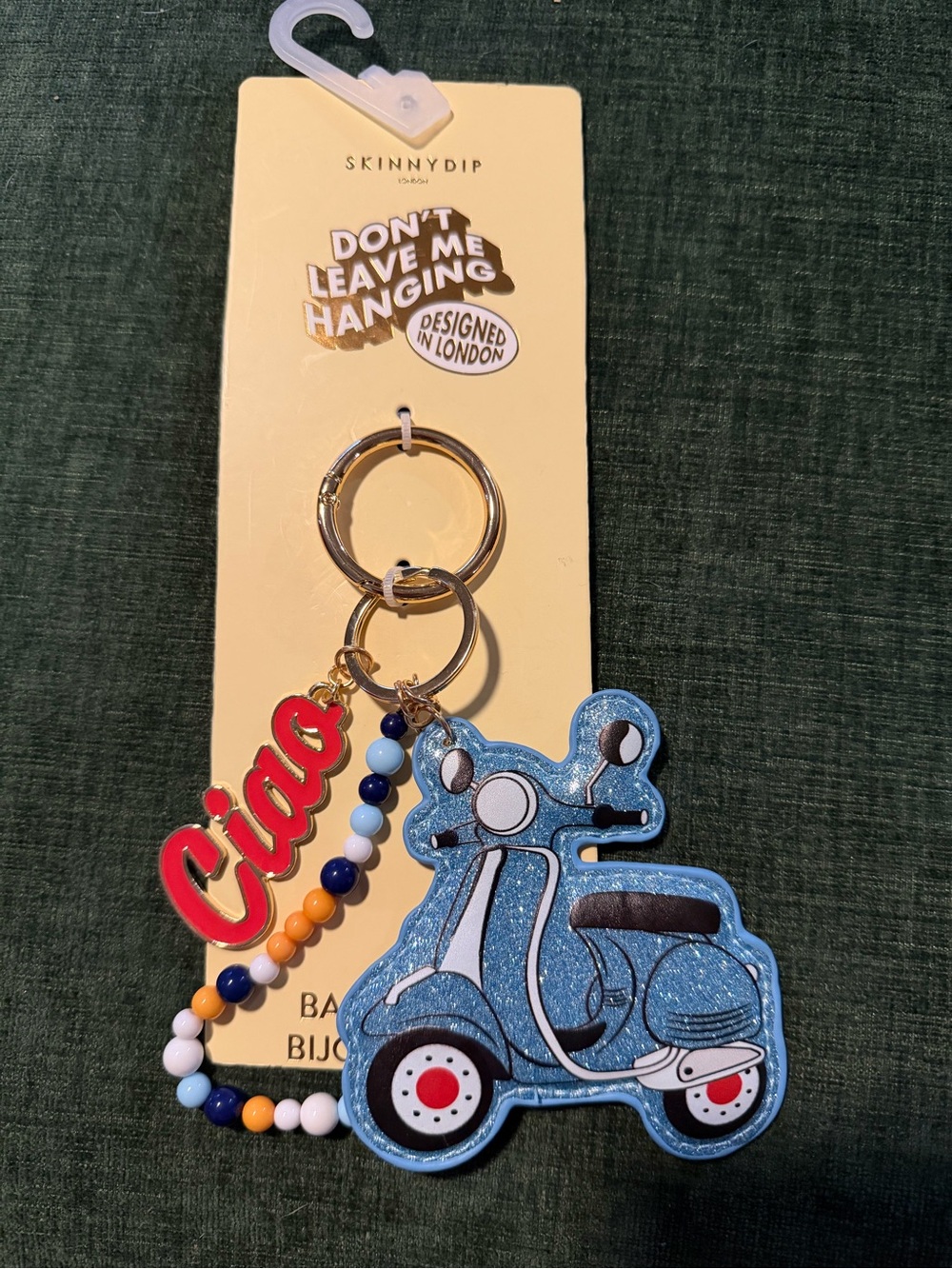 Skinnydip Blue Glitter Scooter Keychain with 'Ciao' Charm